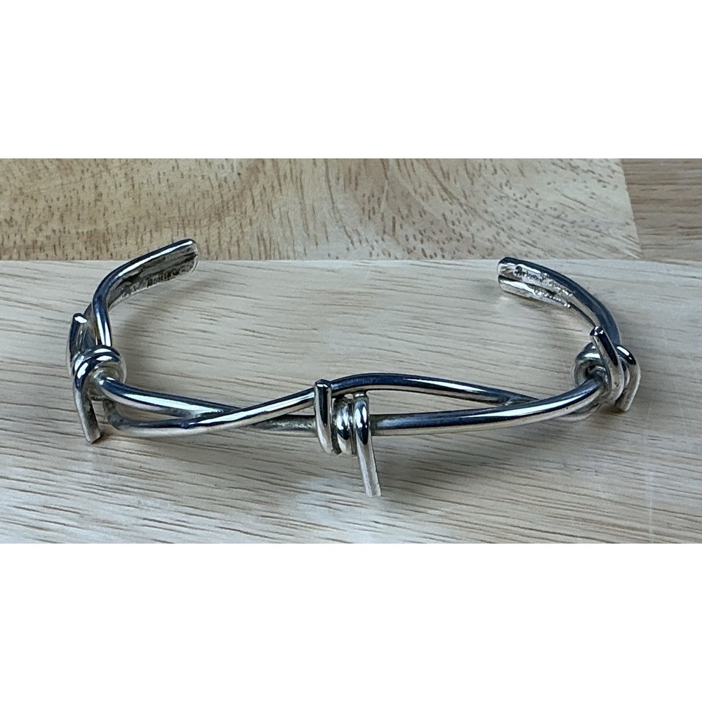 Solid 925 Sterling Silver Barbed Wire Bangle Cuff Bracelet 6" Adjustable